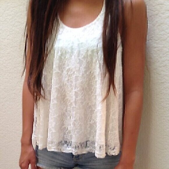 FOREVER 21 White Floral Lace Front / Solid Back Mixed Media Twee Racerback Tank - Picture 1 of 12